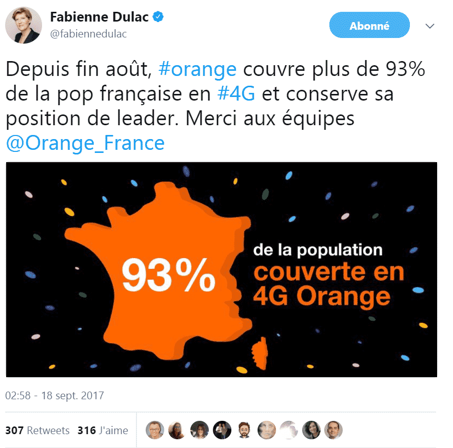 Fabienne Dulac se félicite de la position de leader de Orange dans son tweet