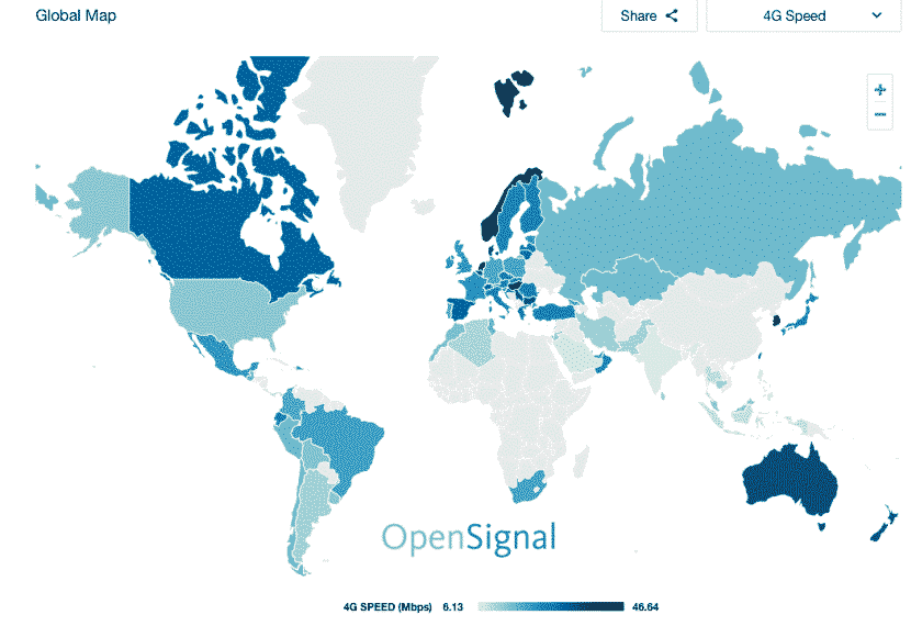 Carte de la performance du débit 4G par pays