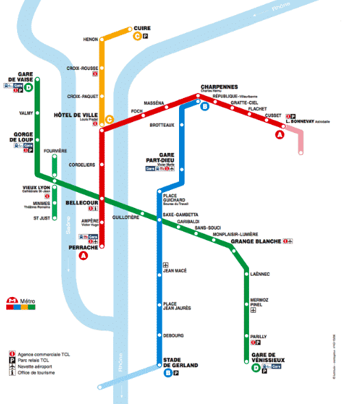 Plan du métro de Lyon avec des lignes bientôt pourvues de 4G sur toutes les rames et stations.