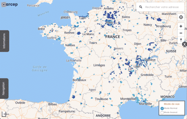 La fibre optique inégalement développée sur le territoire français d'après l'Arcep, visible sur cette carte.