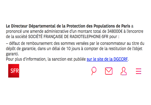 Message sur le site de SFR concernant l'amende imposée par la répression des fraudes
